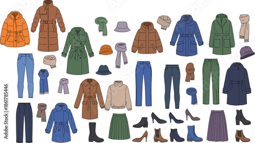 Autumn winter fashion clothing vector collection with coats pants dresses boots scarves accessories isolated flat illustration set modern stylish wardrobe