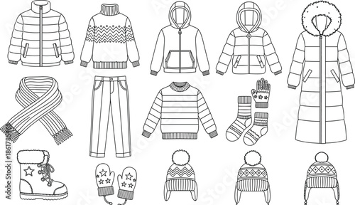 Winter clothing icons vector set with jackets sweaters pants boots hats scarves gloves socks isolated line art collection design elements
