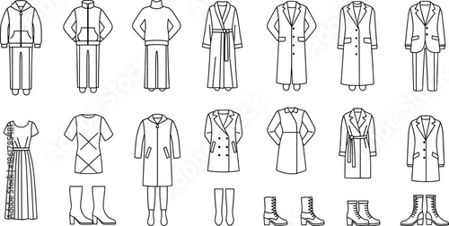 Minimalist fashion clothing icons vector set with coats dresses suits boots apparel outlines isolated line art design collection modern style
