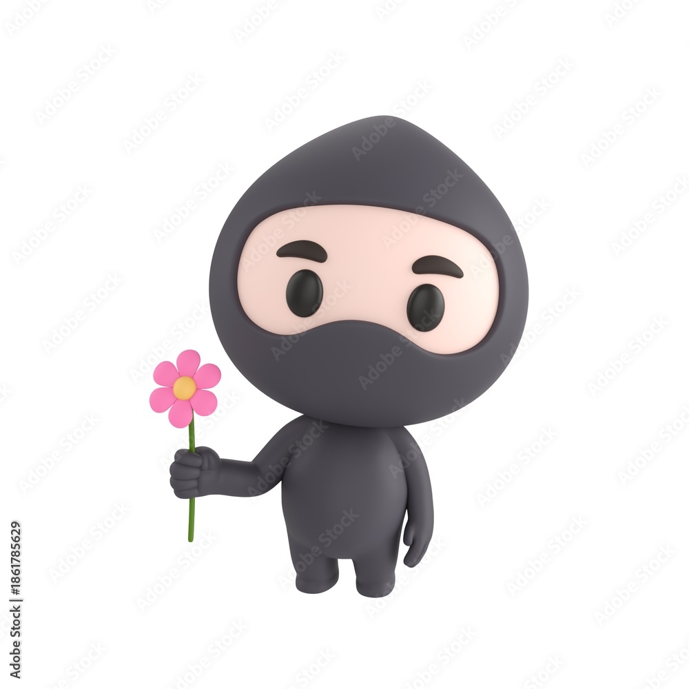 Obraz premium Cute 3D render Little Ninja character standing and holding a flower, gentle and charming pose, isolated on white background.