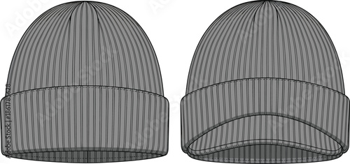 Gray knit beanie hat vector illustration front and back views winter headwear apparel design isolated flat style fashion use