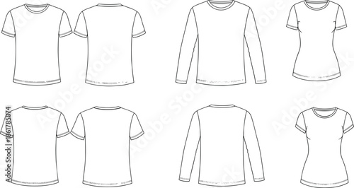 Outline t shirt template set showing front back views short sleeve long sleeve men women apparel vector illustration editable fashion