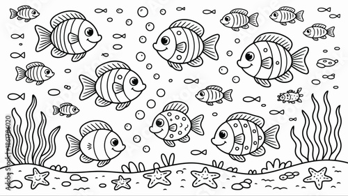 A vibrant underwater scene with many happy fish swimming among starfish and seaweed