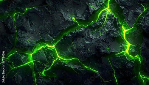 Illustration of glowing neon green cracks on dark textured surface with sparkling particles