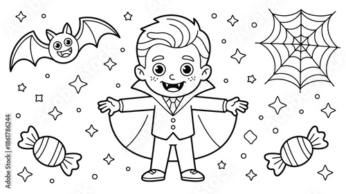 A young boy dressed as a friendly vampire for Halloween with candy, a bat, and a spiderweb