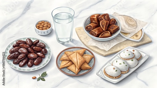 iftar items on marble surface with copy space