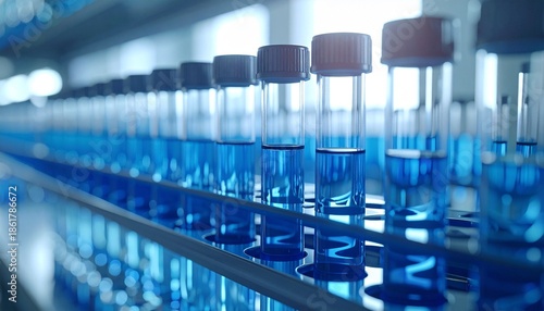 Close-up view of multiple test tubes filled with blue liquid in a laboratory setting with natural lighting.