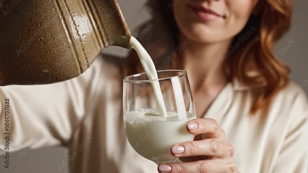 custom made wallpaper toronto digitalA person pours a white liquid from a rustic pitcher into a glass, captured at eye-level