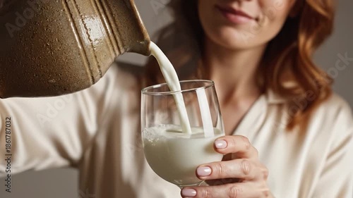 Wallpaper Mural A person pours a white liquid from a rustic pitcher into a glass, captured at eye-level Torontodigital.ca