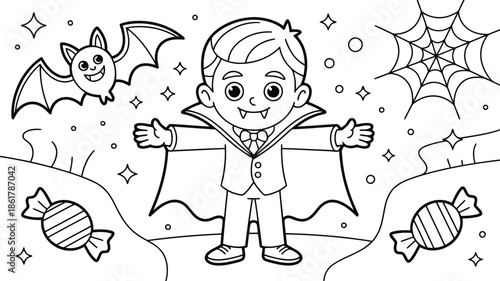 An adorable young boy dressed as a vampire stands ready for trick or treating with spooky decorations