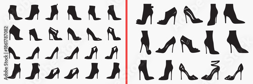 shoe silhouette vector, footwear black silhouettes, high heel shoe illustration set, boot shoe outline art, fashion footwear vector collection, shoe icon set, footwear clipart silhouettes, women shoe 