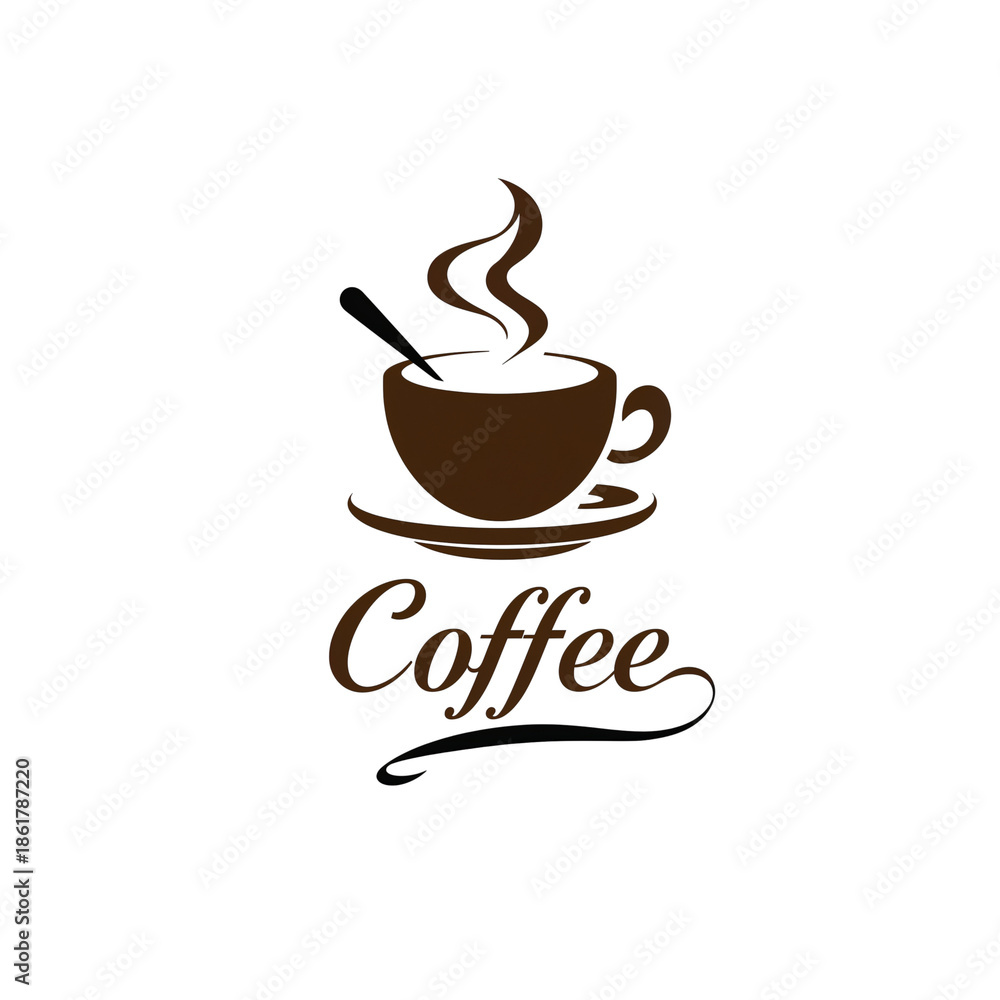 Obraz premium Hot Coffee Cup With Steam and Spoon, Delicious Beverage Logo Icon