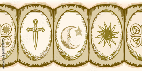 A series of ornate oval frames displaying various symbolic imagery