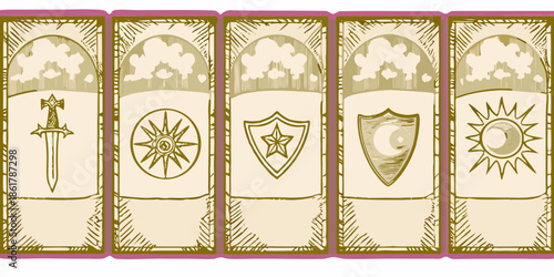 Five vintage tarot cards displaying a sword star shield moon and sun