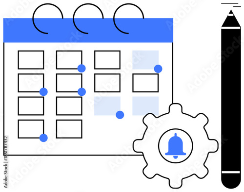 Work organization, productivity, schedule management, reminders, planning, task automation. Calendar marked with dates, gear icon with bell pencil. Schedule management and planning concepts