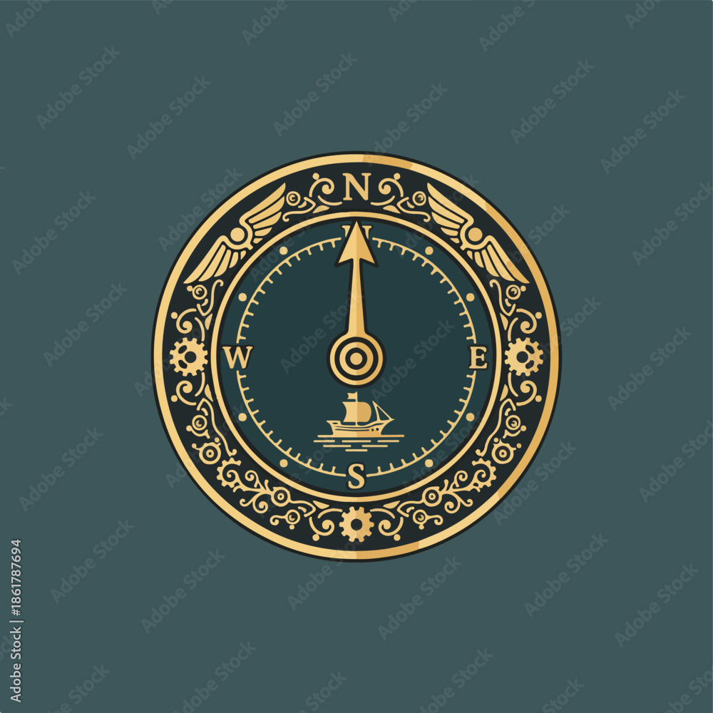 Obraz premium Ornate Compass with Ship Emblem Graphic