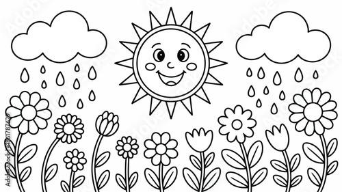 Bright happy sun shines between two rain clouds watering a vibrant field of growing flowers