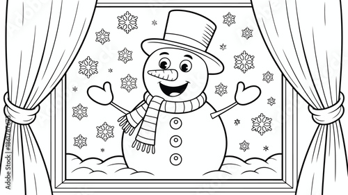 Cheerful snowman with a top hat and scarf stands outside a window with falling snowflakes