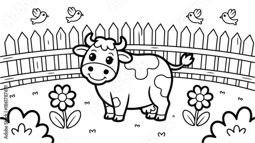 Cute cartoon cow stands happily in a field with a wooden fence and flying birds