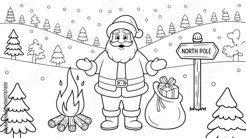 Jolly Santa Claus stands near a warming campfire, a sack of gifts, and a North Pole sign in snow