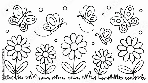 Lovely butterflies gracefully fly over a row of blooming flowers in a sunny outdoor setting