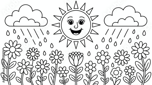 Smiling sun above two rain clouds nurturing a beautiful landscape of assorted flowers