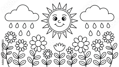 Smiling sun with rain clouds watering a field of happy blooming flowers