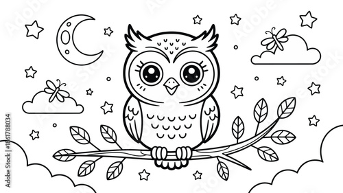 Sweet cartoon owl on a leafy branch looking ahead surrounded by a crescent moon stars and fluffy clouds