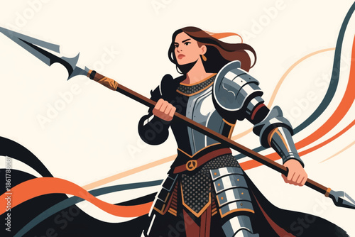 Armored warrior with long hair holding a spear in a dynamic scene of motion and intensity.