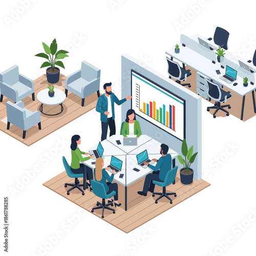 Business meeting in modern office with presentation and collaboration.