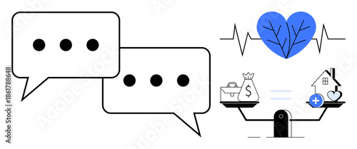 Communication concept. Communication is ed by chat bubbles and a balanced scale money, health, and life choices. Communication fosters well-being and informed decisions. For wellness, health
