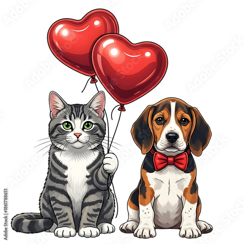 Adorable cat and dog friends with heart balloons Valentine's Day isolated on transparent background PNG