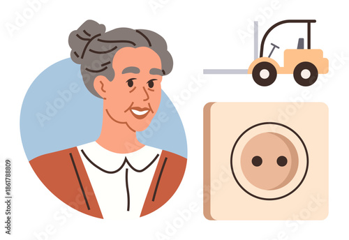 Elderly woman smiling, forklift representing industry, and a brown button symbolizing craft. Ideal for balance, age, industry, creativity, heritage, contrasts productivity in simple flat metaphor