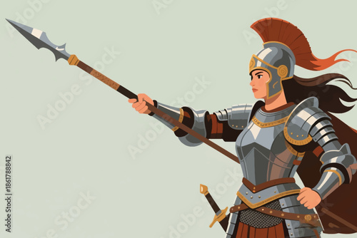 Armored warrior with red plume helmet and spear standing confidently against a light green background.
