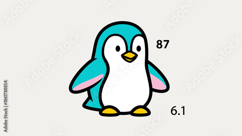 Cute cartoon penguin character with numbers 87 and 6.1.
