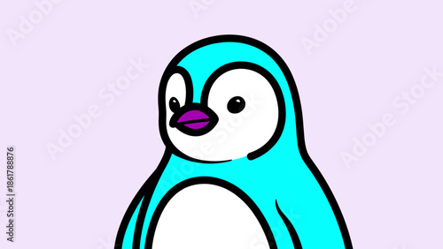 Cute cartoon penguin with a bright blue body and white belly looking forward.