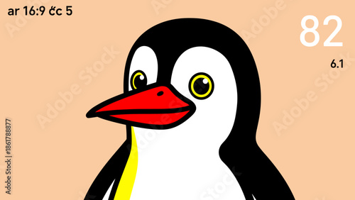 Cute cartoon penguin with a red beak and yellow eyes looking forward.