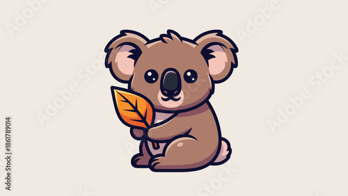 Cute Koala Holding an Autumn Leaf Cartoon Illustration.