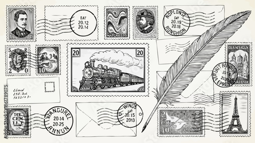Vintage Postage Stamps and Envelopes with Quill Pen Illustration.