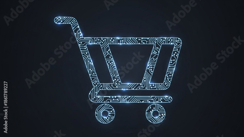 Glowing blue shopping cart icon with circuit board design on dark background