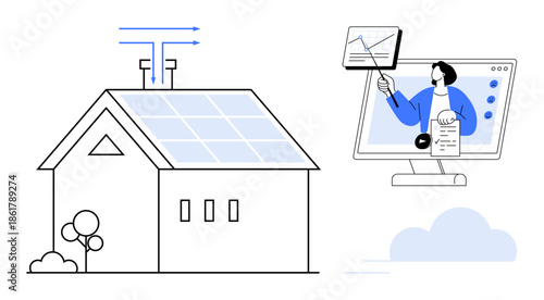 Solar energy concept. Solar panels generating sustainable power for eco-friendly homes. Solar energy management through online platforms and data monitoring. For energy, sustainability, technology
