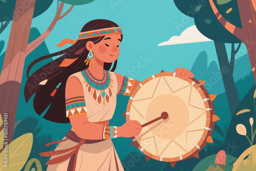 Person in traditional attire playing a decorated hand drum in a forest under a clear sky.