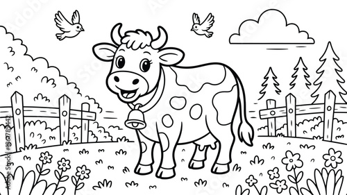 A happy spotted cow wearing a bell stands in a field with birds flying overhead and trees