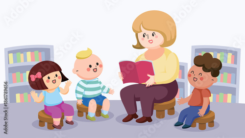 Cartoon kindergarten illustration Teacher and students telling stories in bookstore or library