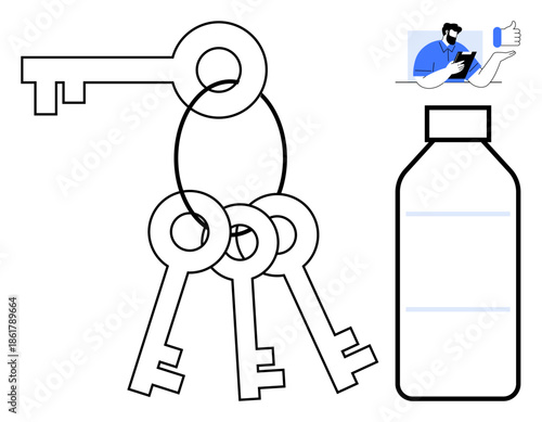 Security, access control, ownership, daily essentials, digital identity, minimalism. Keyring with four keys and a bottle with a human interacting above. Security and access control concepts