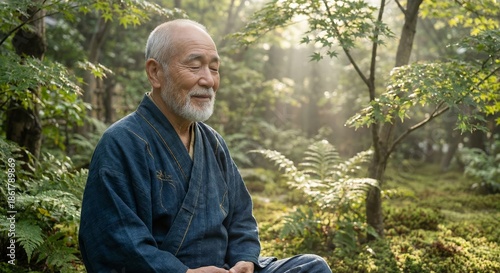Senior Asian Man Meditating, Serene Garden, Early Light, Peaceful