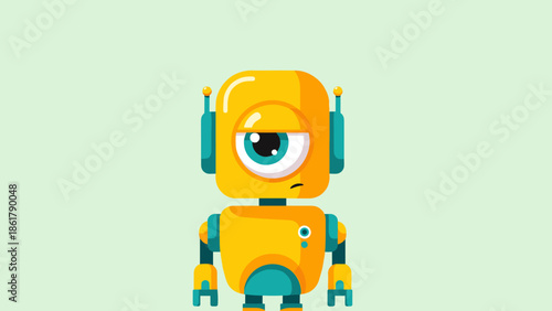 Cute yellow robot with a single eye looking thoughtful and curious.