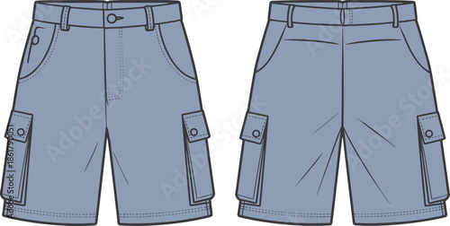Cargo shorts flat vector illustration, front and back view utility pocket menswear shorts CAD drawing technical apparel design fashion outline