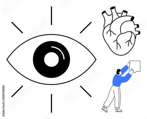Communication concept. Large symbolic eye, anatomical heart, and figure with blank sign highlight communication and health connections. Communication in healthcare, wellness, awareness, advocacy