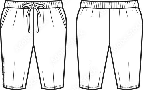 Drawstring shorts technical flat vector illustration front and back view cad drawing apparel design template fashion garment specification
